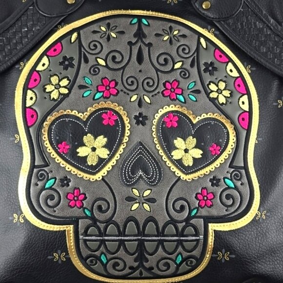 Loungefly Sugar Skull Day of the Dead Large Black Faux Leather Bag Pink Gold - Picture 3 of 16